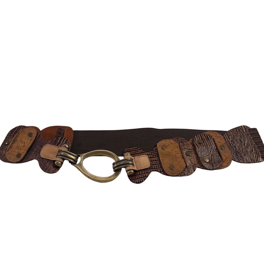 Leatherock animal print stretch leather panel belt brass clasp 31" length